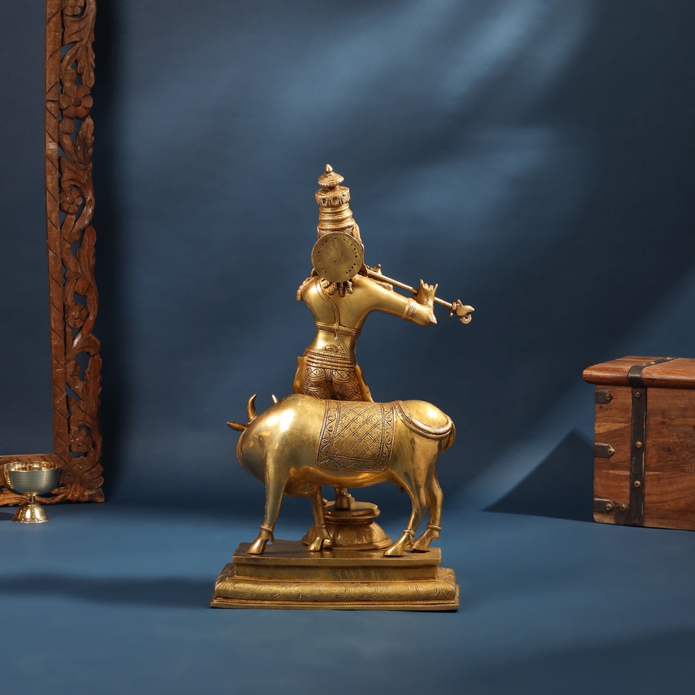 Brass Standing Superfine Krishna Idol With Cow (26 Inch) Vedansh Craft