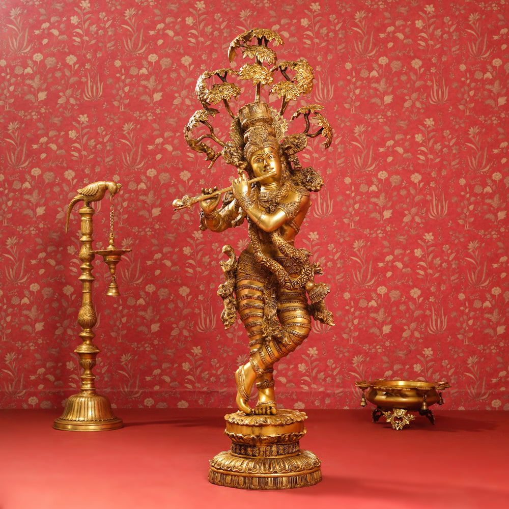 Brass Standing Krishna Idol With Tree (56 Inch) Vedansh Craft
