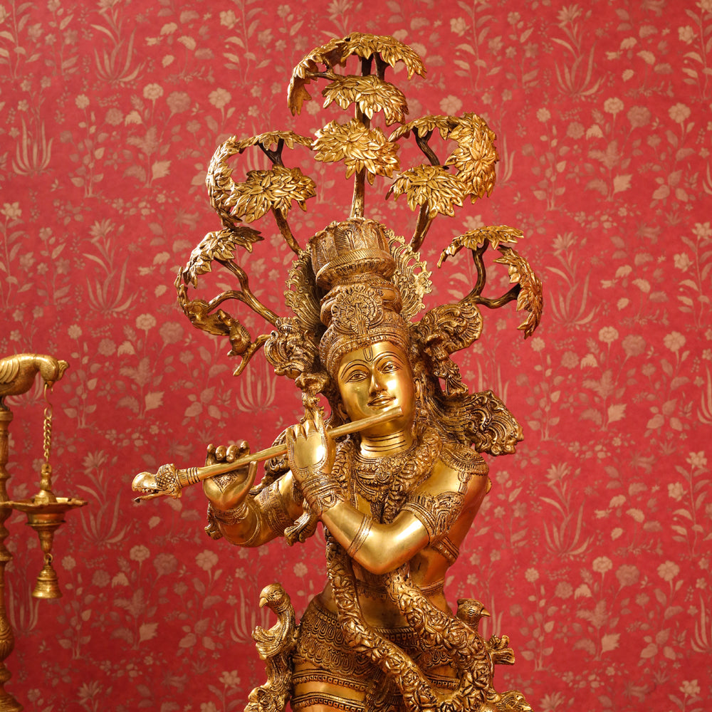 Brass Standing Krishna Idol With Tree (56 Inch) Vedansh Craft