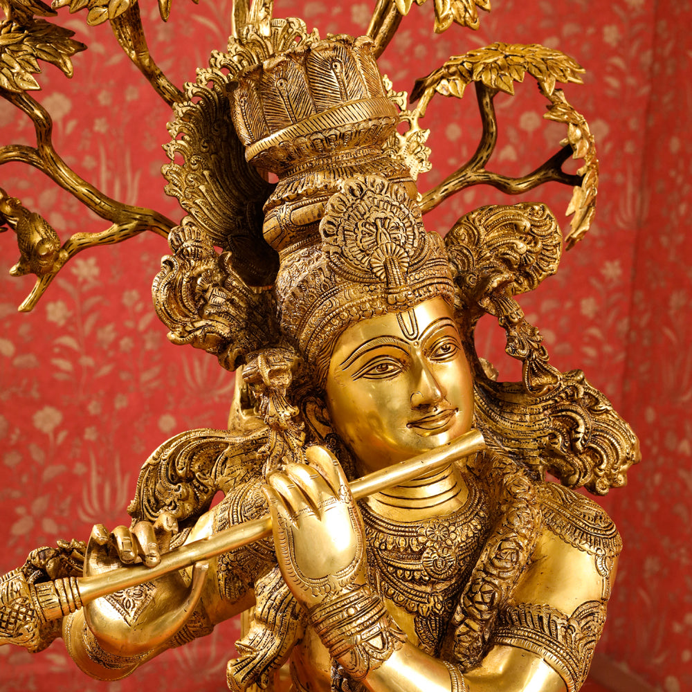 Brass Standing Krishna Idol With Tree (56 Inch) Vedansh Craft