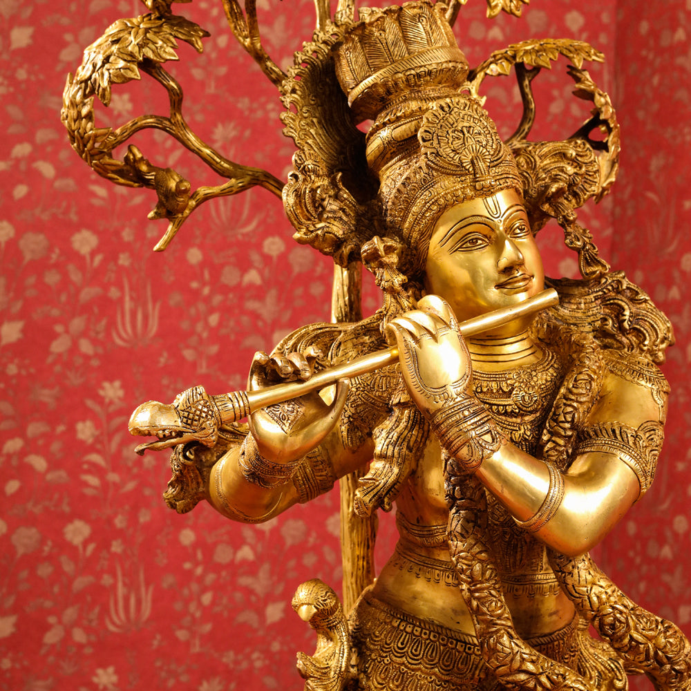 Brass Standing Krishna Idol With Tree (56 Inch) Vedansh Craft