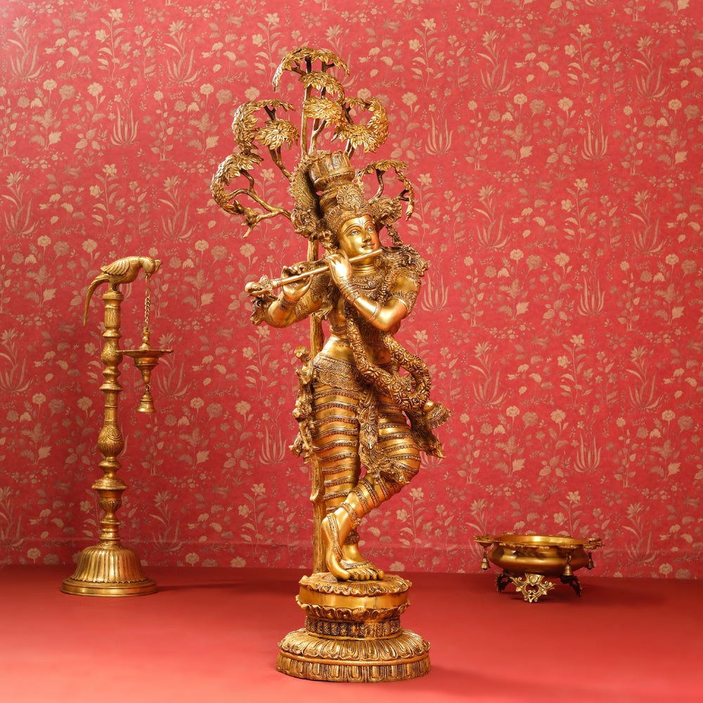 Brass Standing Krishna Idol With Tree (56 Inch) Vedansh Craft
