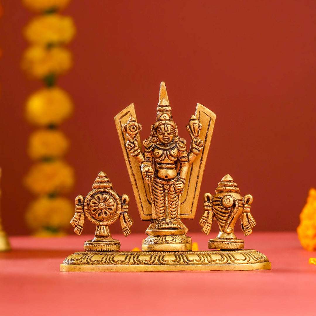 Brass Balaji, Shankh Chakra And Namah Showpiece (3.5 Inch) Vedansh Craft