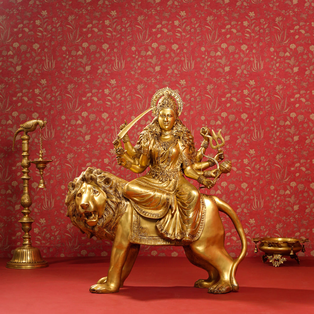 Brass Goddess Durga Sitting on Lion Statue (40 Inch) Vedansh Craft