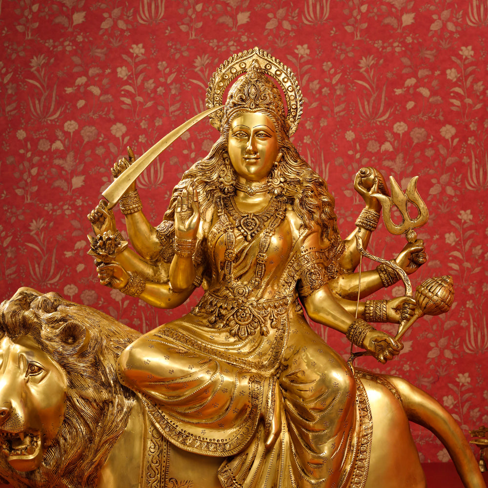 Brass Goddess Durga Sitting on Lion Statue (40 Inch) Vedansh Craft