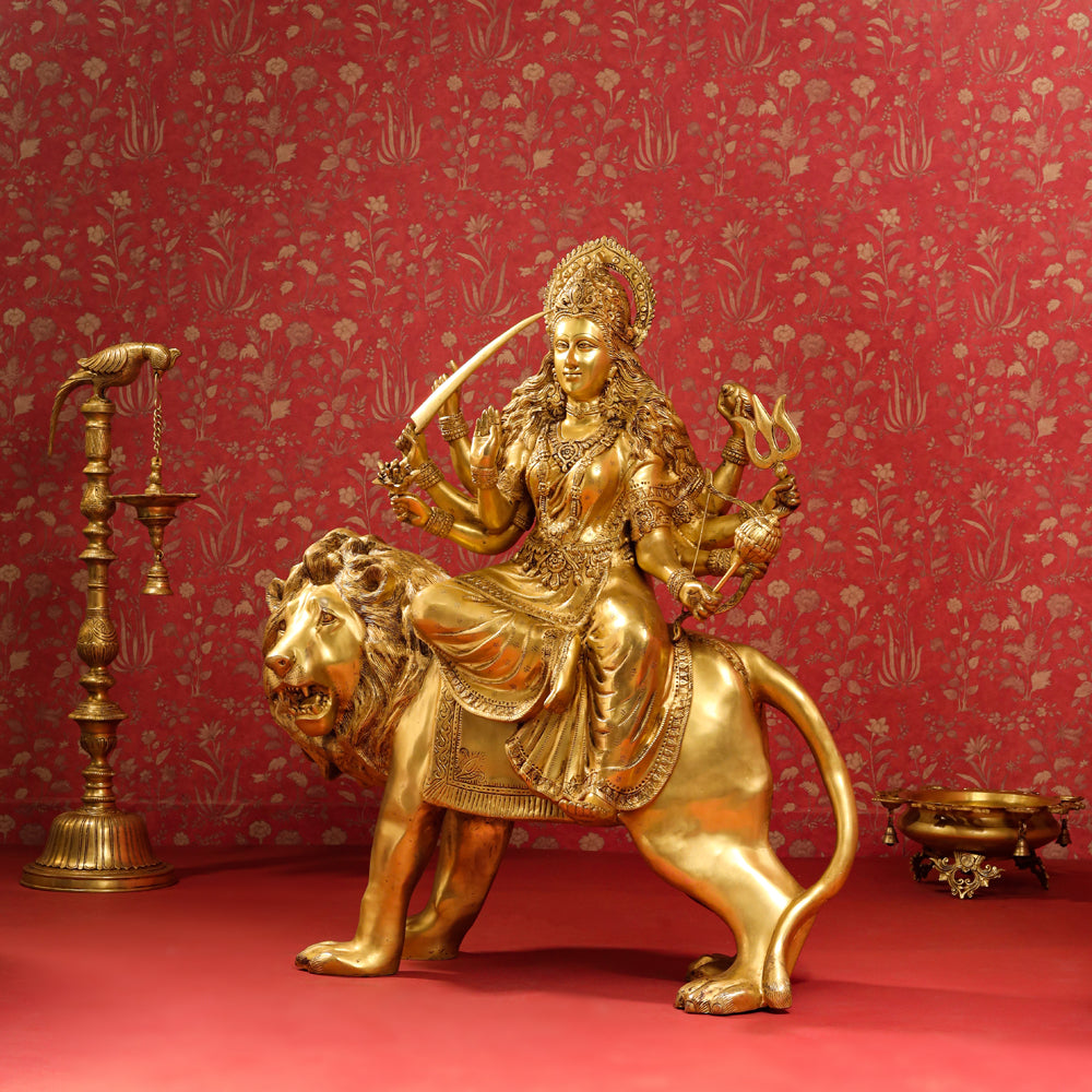 Brass Goddess Durga Sitting on Lion Statue (40 Inch) Vedansh Craft