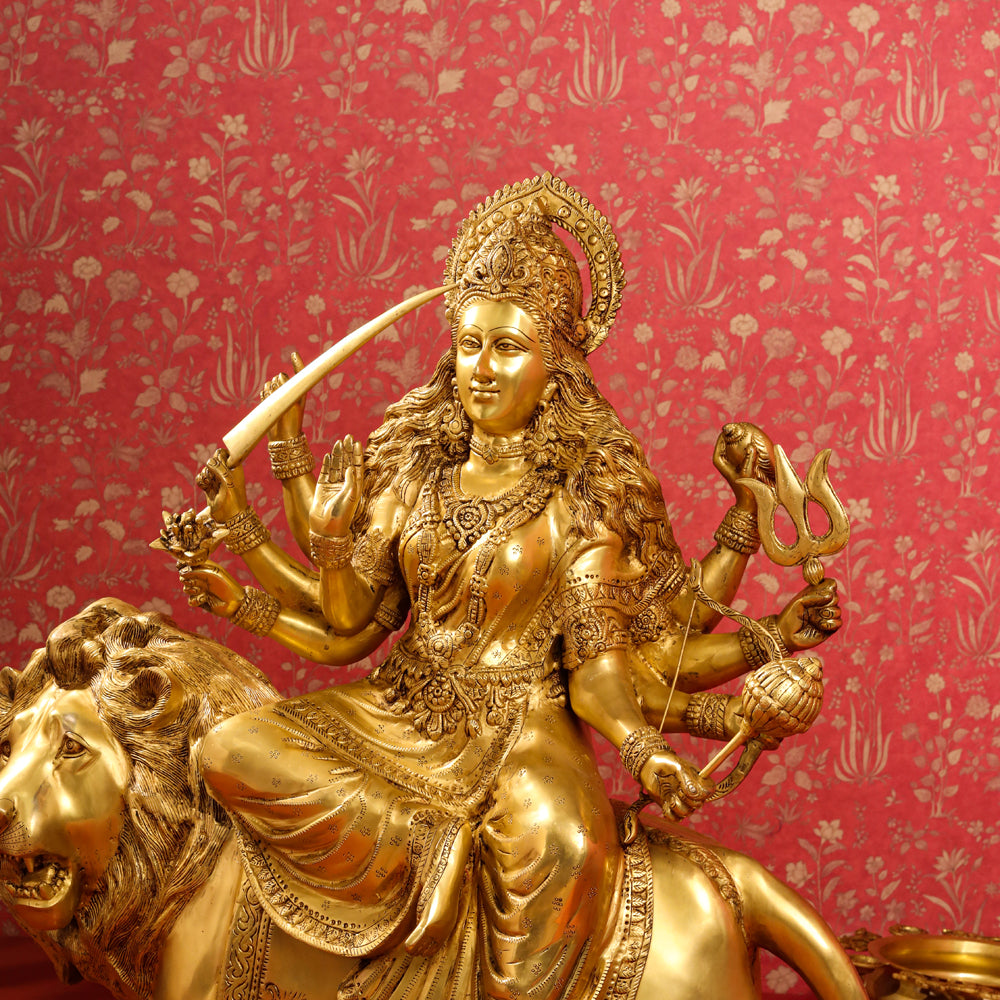 Brass Goddess Durga Sitting on Lion Statue (40 Inch) Vedansh Craft