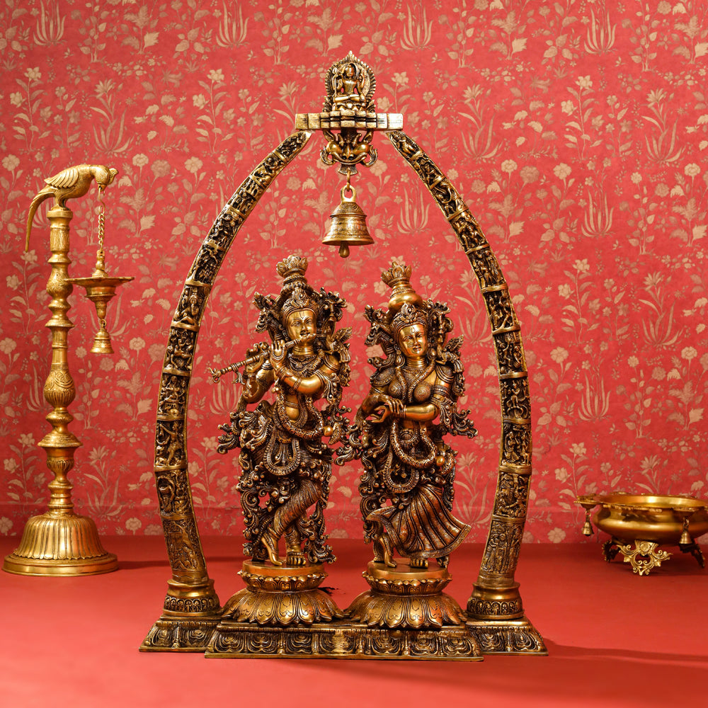 Brass Superfine Standing Radha Krishna Statue With Elephant Tusk Stand (46 Inch) Vedansh Craft