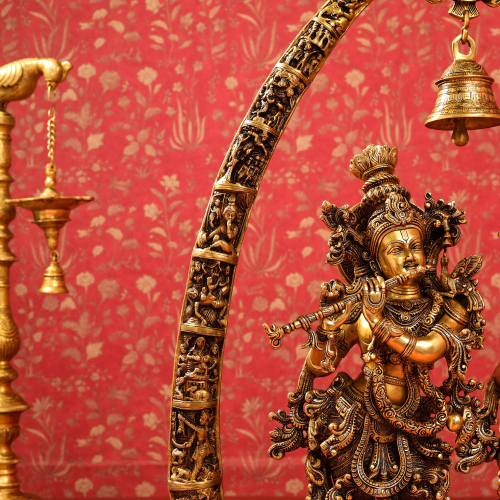 Brass Superfine Standing Radha Krishna Statue With Elephant Tusk Stand (46 Inch) Vedansh Craft