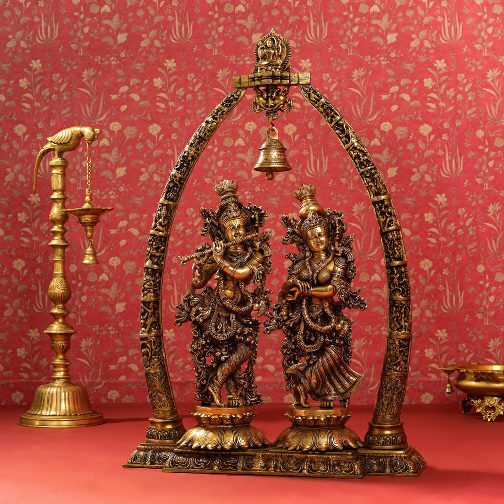 Brass Superfine Standing Radha Krishna Statue With Elephant Tusk Stand (46 Inch) Vedansh Craft