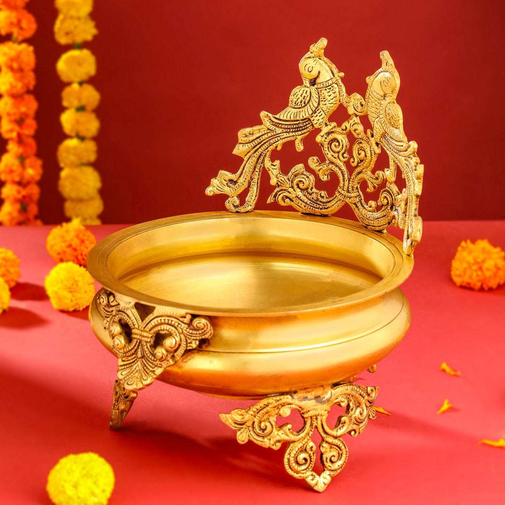 Brass Double Peacock Urli Bowl (11.5 Inch) Vedansh Craft