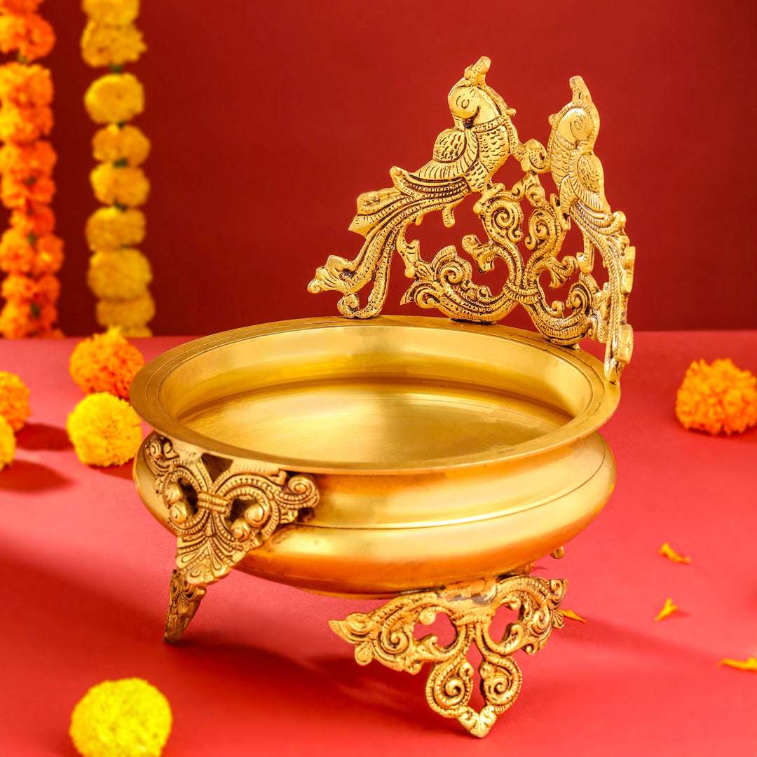 Brass Double Peacock Urli Bowl (11.5 Inch) Vedansh Craft