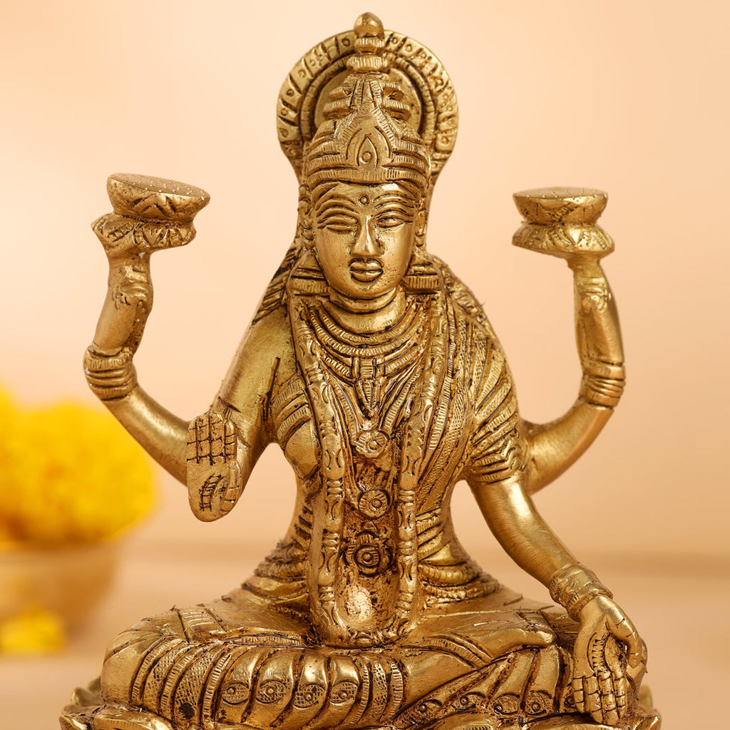 Brass Lotus Goddess Sitting Lakshmi Idol (6.5 Inch) Vedansh Craft