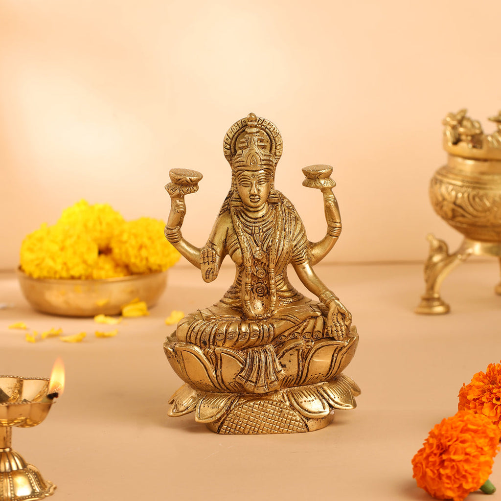Brass Lotus Goddess Sitting Lakshmi Idol (6.5 Inch) Vedansh Craft
