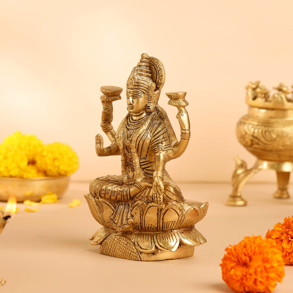 Brass Lotus Goddess Sitting Lakshmi Idol (6.5 Inch) Vedansh Craft