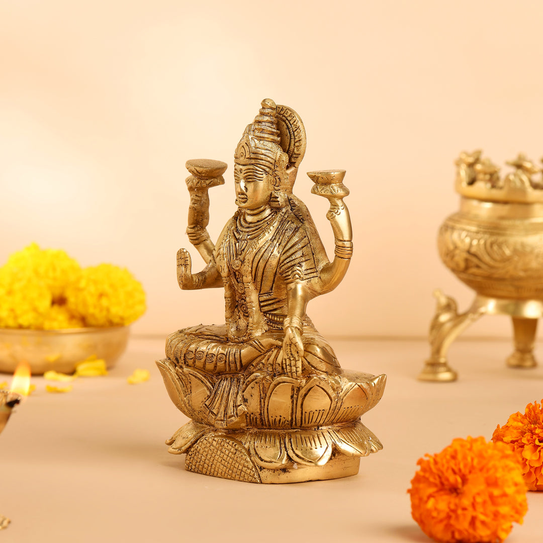 Brass Lotus Goddess Sitting Lakshmi Idol (6.5 Inch) Vedansh Craft
