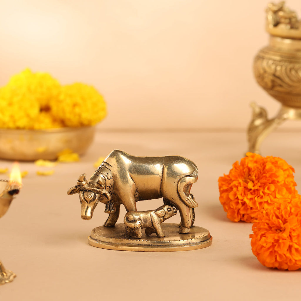 Brass Kamdhenu Cow With Calf Idol (2.5 Inch) Vedansh Craft