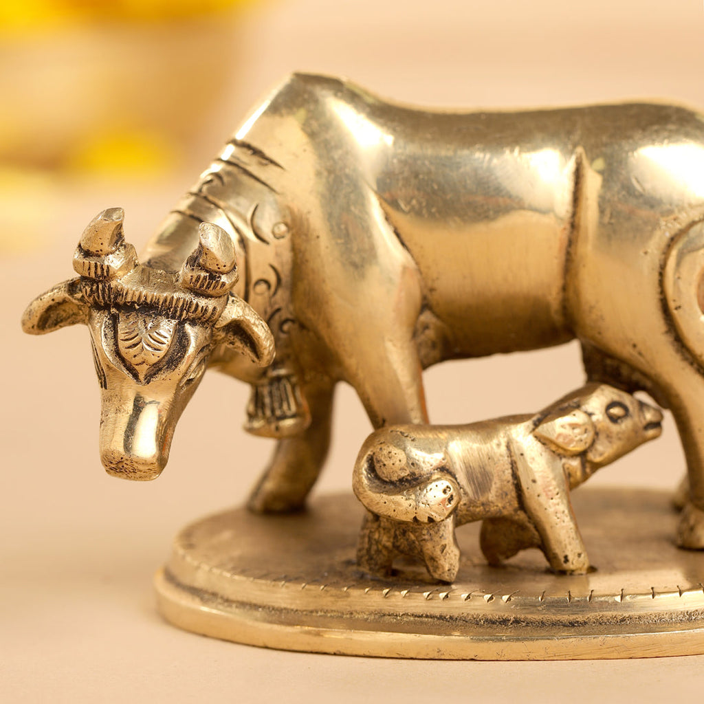 Brass Kamdhenu Cow With Calf Idol (2.5 Inch) Vedansh Craft
