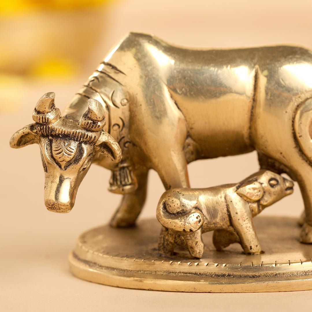 Brass Kamdhenu Cow With Calf Idol (2.5 Inch) Vedansh Craft