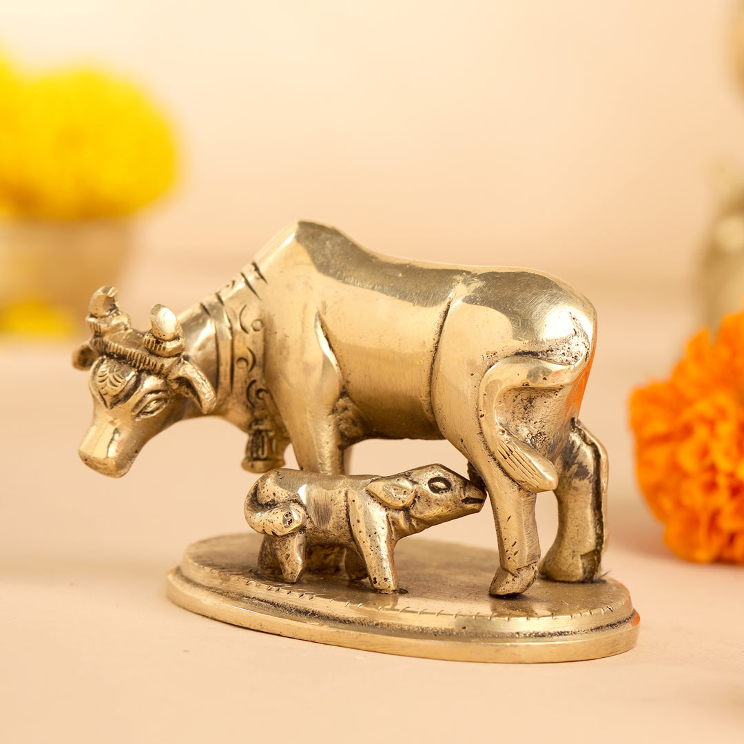 Brass Kamdhenu Cow With Calf Idol (2.5 Inch) Vedansh Craft