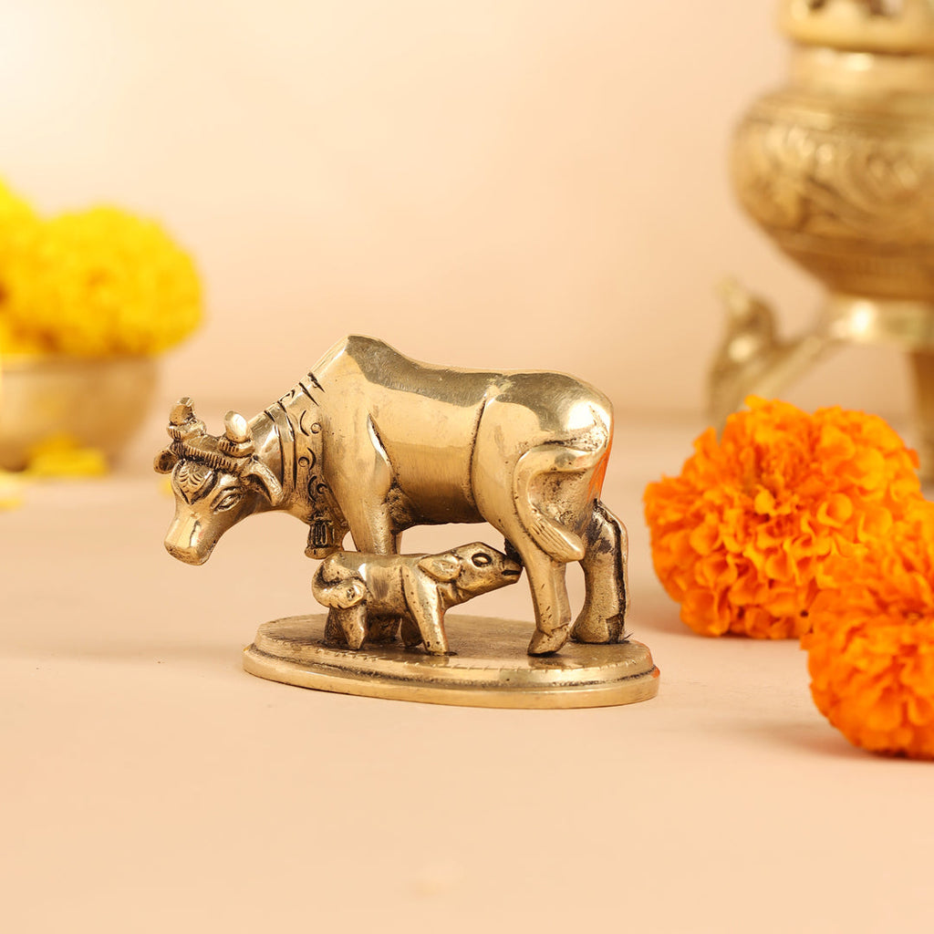 Brass Kamdhenu Cow With Calf Idol (2.5 Inch) Vedansh Craft