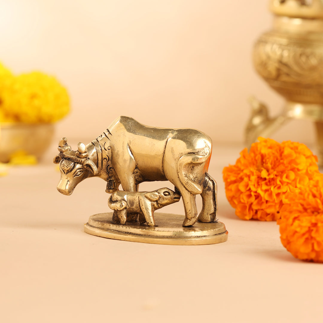 Brass Kamdhenu Cow With Calf Idol (2.5 Inch) Vedansh Craft
