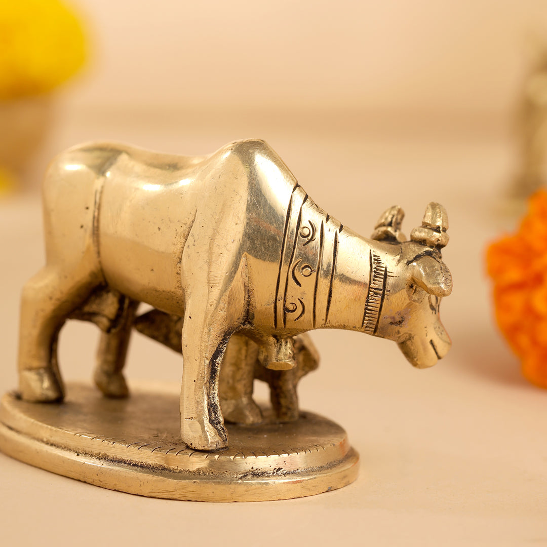 Brass Kamdhenu Cow With Calf Idol (2.5 Inch) Vedansh Craft