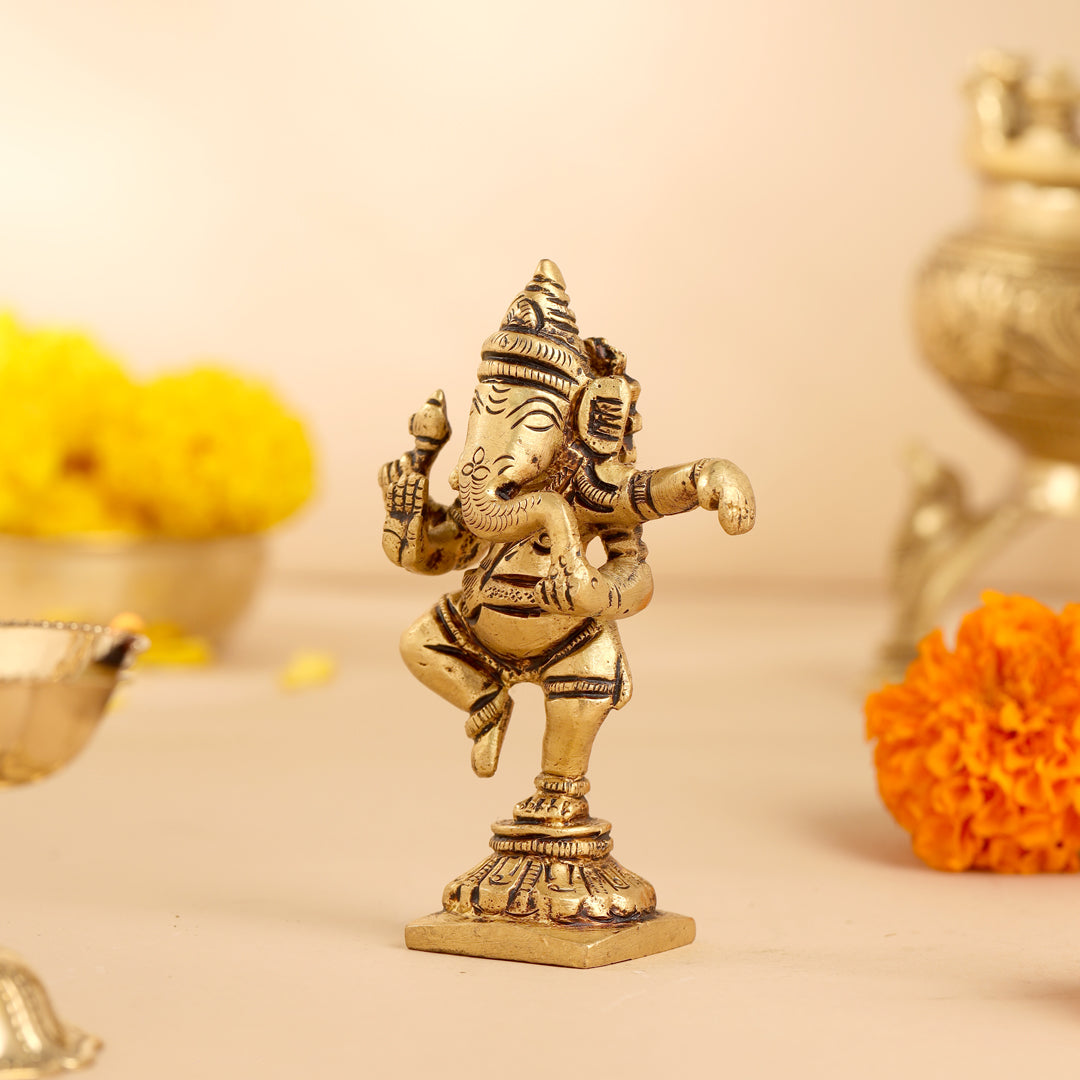 Brass Dancing Ganesha Idol (4 Inch) Vedansh Craft