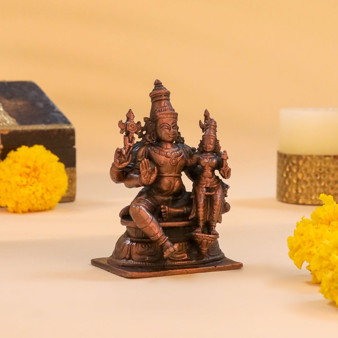 Copper Sitting Vishnu Lakshmi Idol (4 Inch) Vedansh Craft