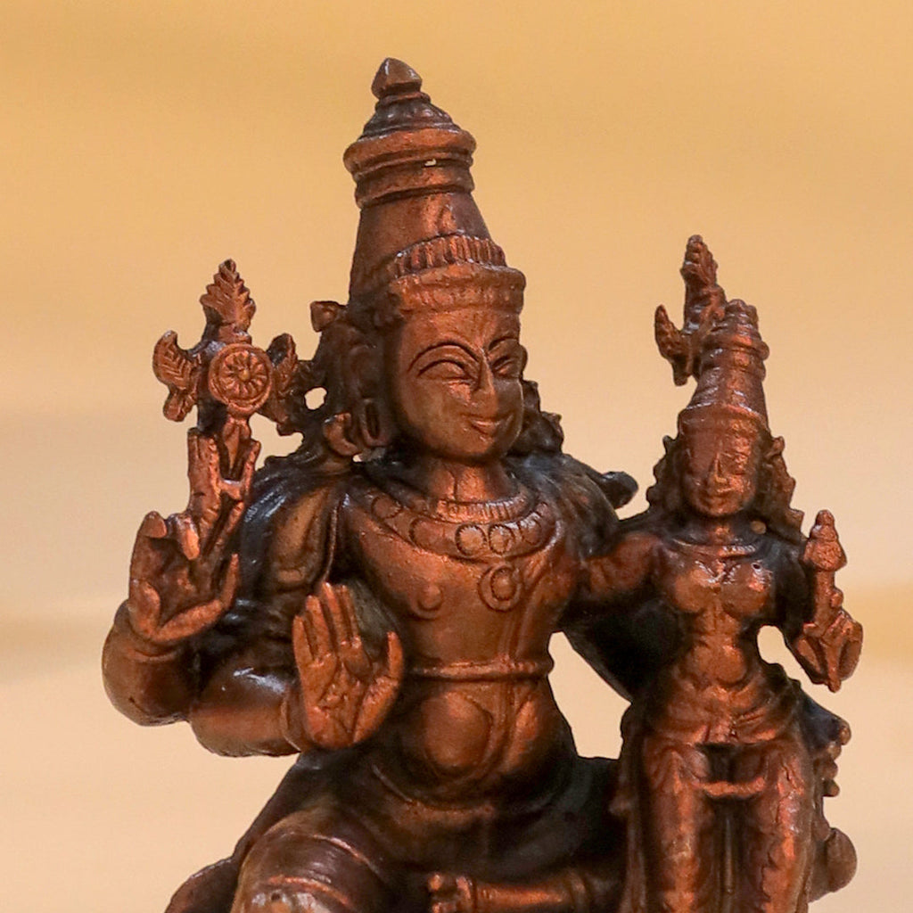 Copper Sitting Vishnu Lakshmi Idol (4 Inch) Vedansh Craft