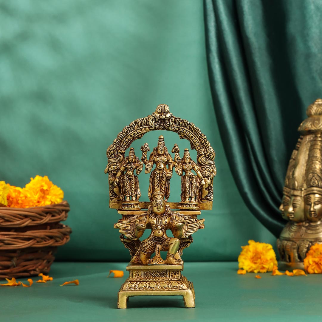 Brass Lord Balaji With Sri Devi And Bhudevi With Garud Idol (6.5 Inch) Vedansh Craft