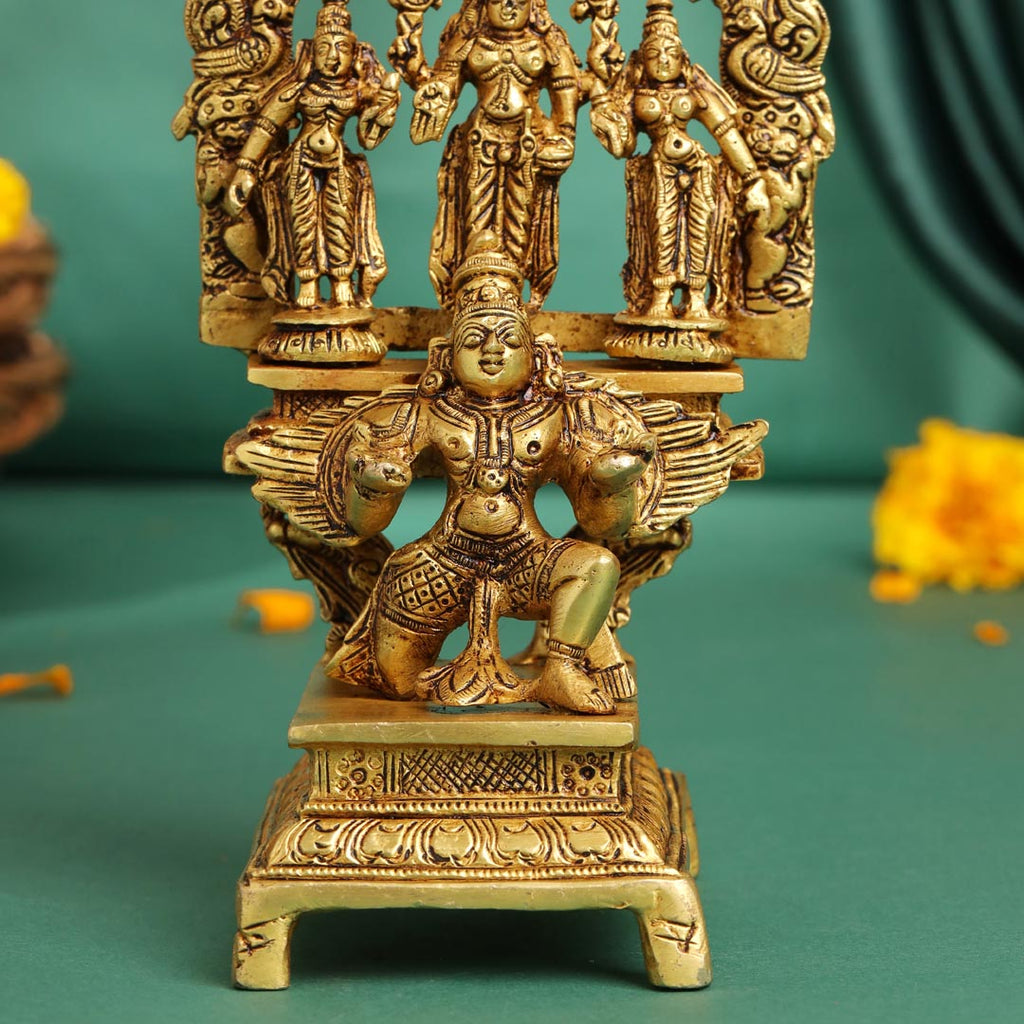 Brass Lord Balaji With Sri Devi And Bhudevi With Garud Idol (6.5 Inch) Vedansh Craft