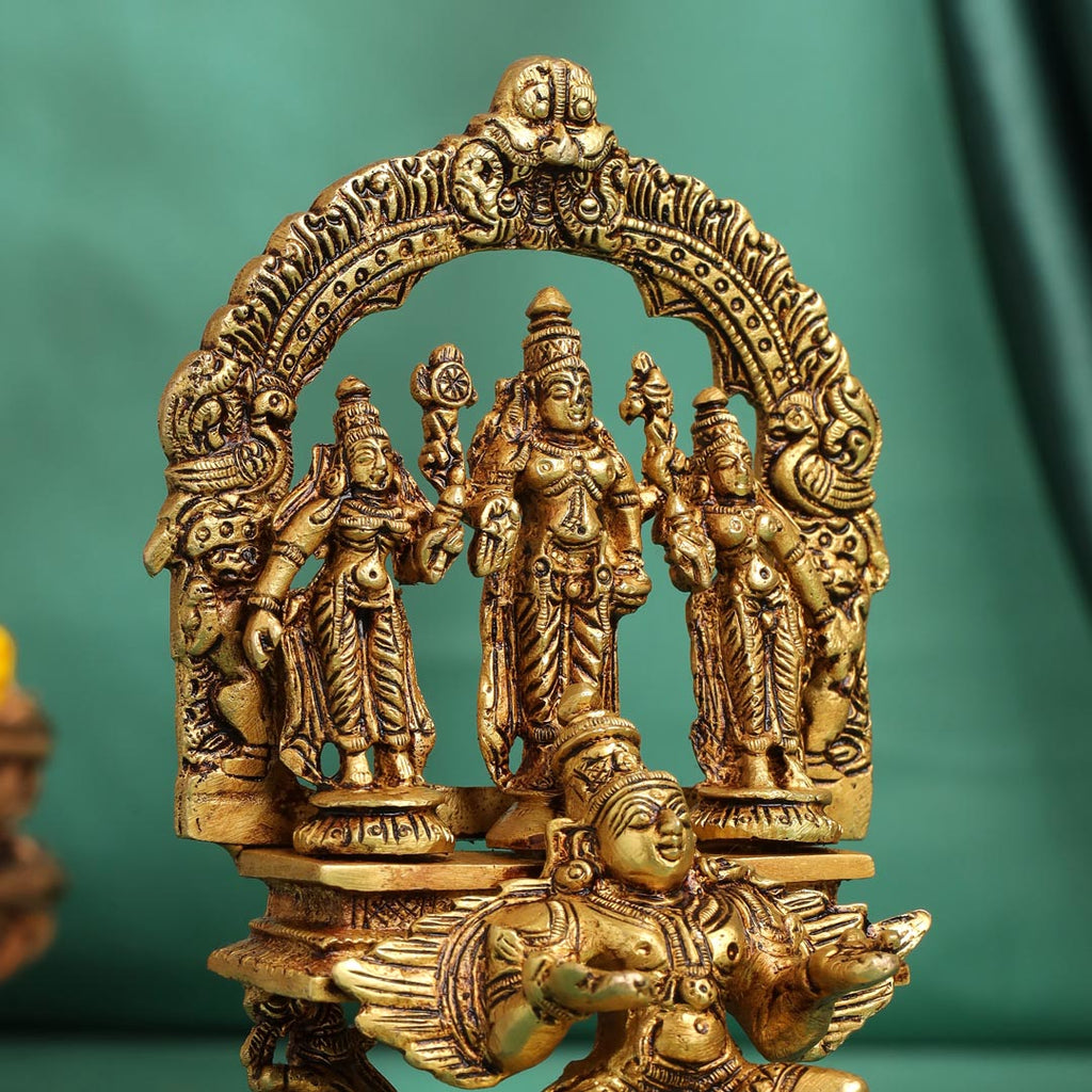 Brass Lord Balaji With Sri Devi And Bhudevi With Garud Idol (6.5 Inch) Vedansh Craft