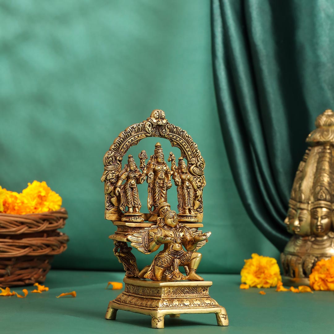 Brass Lord Balaji With Sri Devi And Bhudevi With Garud Idol (6.5 Inch) Vedansh Craft