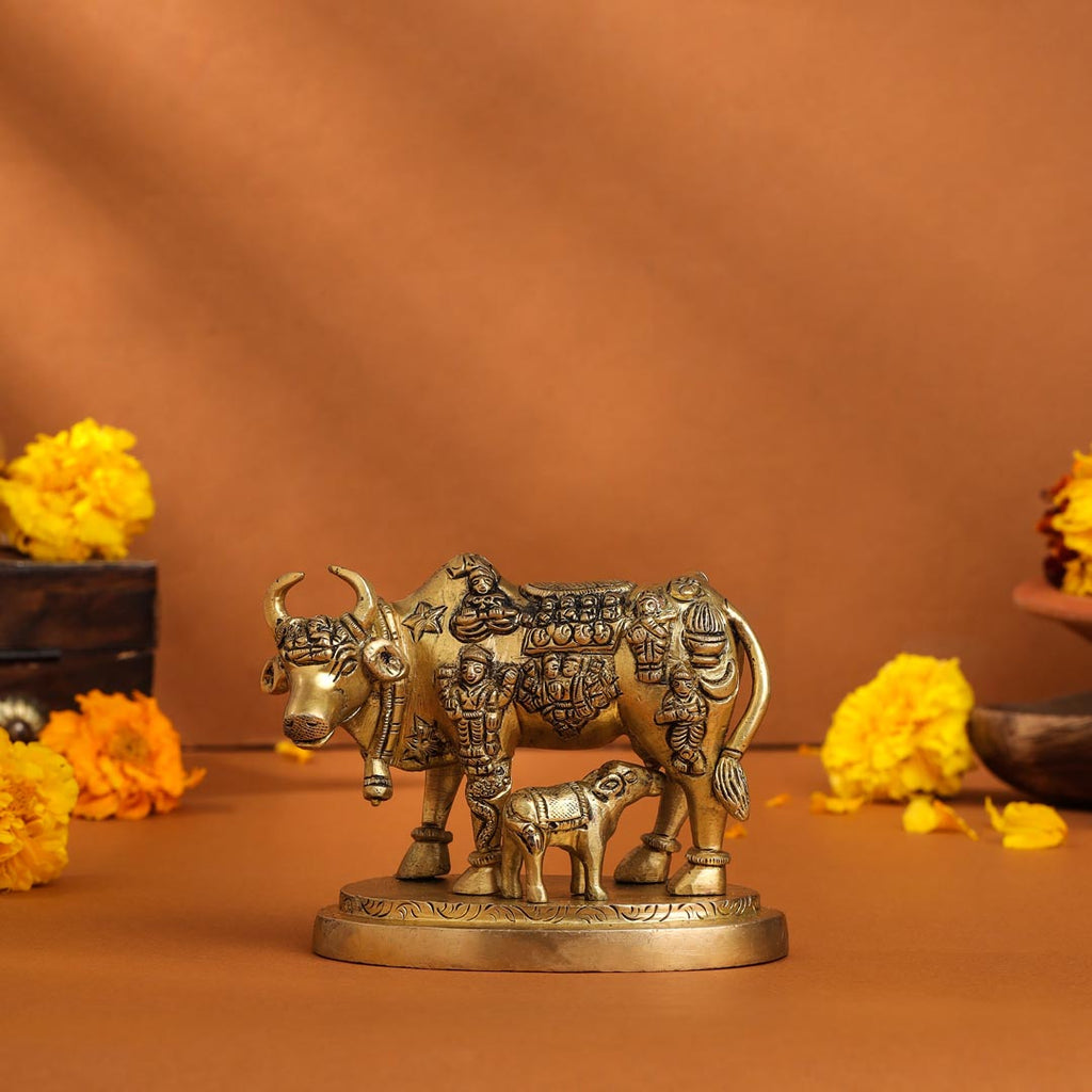 Brass Kamdhenu Cow With Calf Idol (3.5 Inch) Vedansh Craft