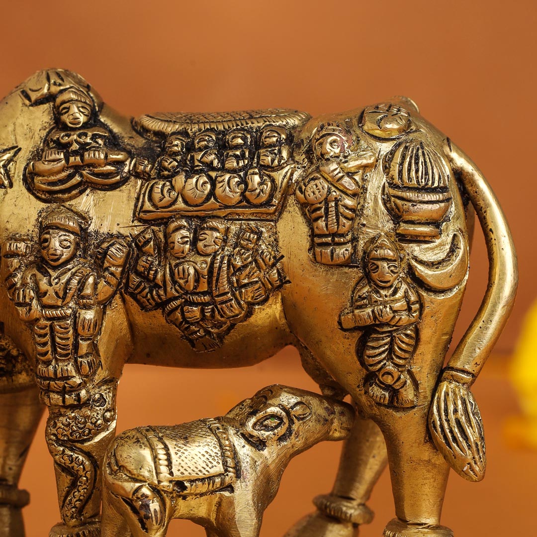 Brass Kamdhenu Cow With Calf Idol (3.5 Inch) Vedansh Craft