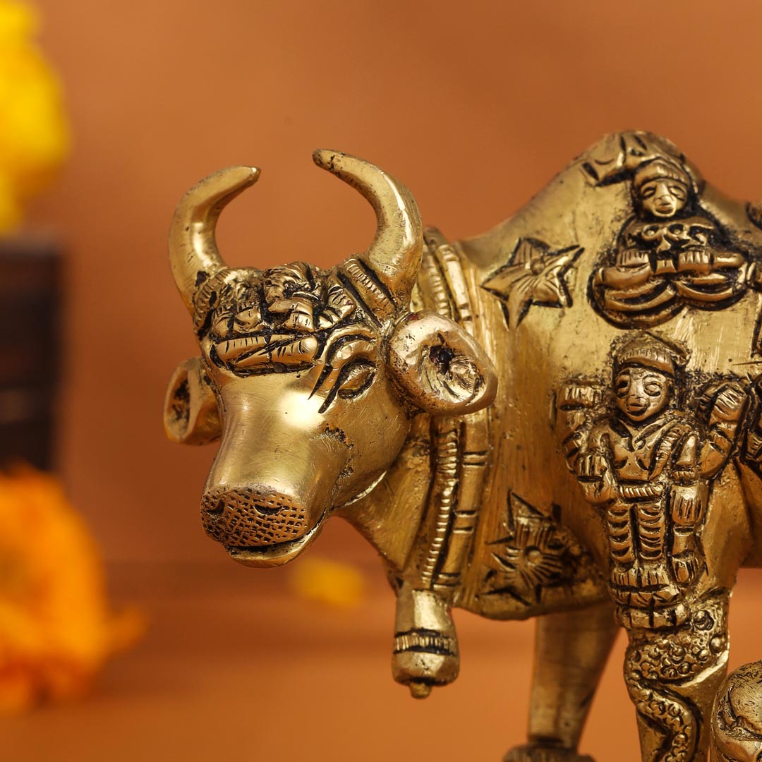 Brass Kamdhenu Cow With Calf Idol (3.5 Inch) Vedansh Craft