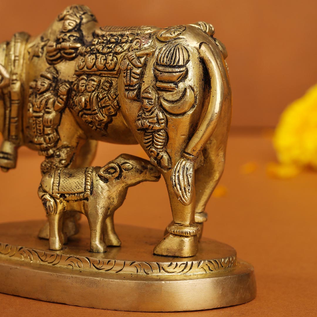 Brass Kamdhenu Cow With Calf Idol (3.5 Inch) Vedansh Craft