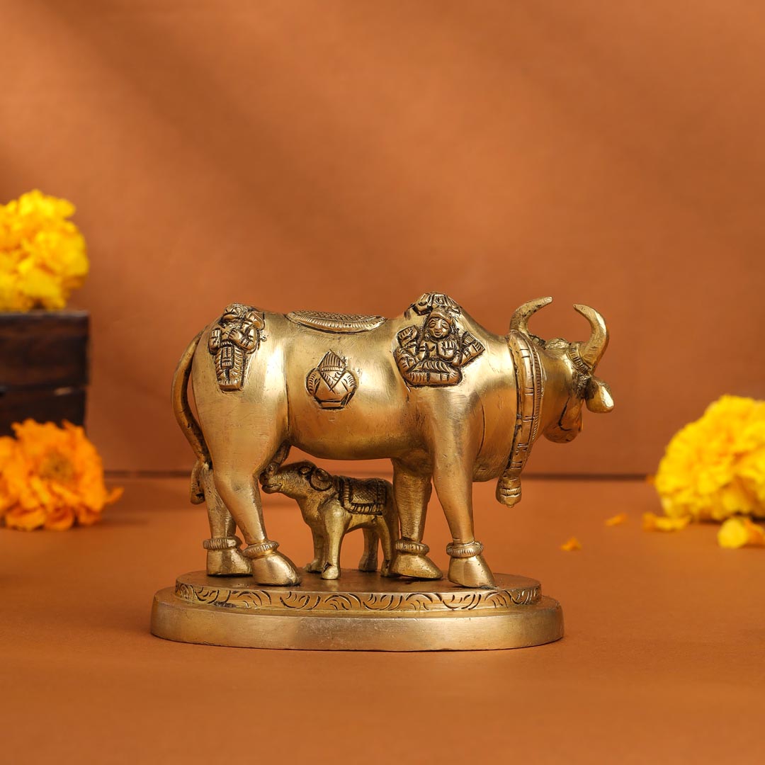 Brass Kamdhenu Cow With Calf Idol (3.5 Inch) Vedansh Craft