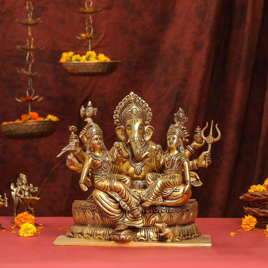 Brass Superfine Sitting Ganesha With Riddhi Siddhi Idol (12 Inch) Vedansh Craft