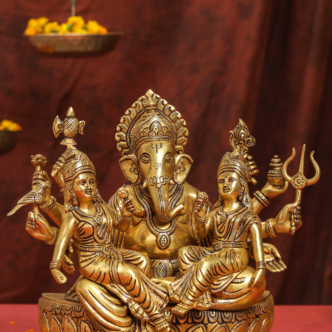 Brass Superfine Sitting Ganesha With Riddhi Siddhi Idol (12 Inch) Vedansh Craft