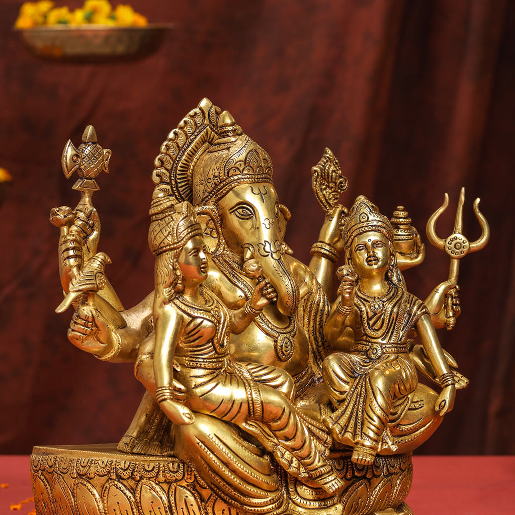 Brass Superfine Sitting Ganesha With Riddhi Siddhi Idol (12 Inch) Vedansh Craft