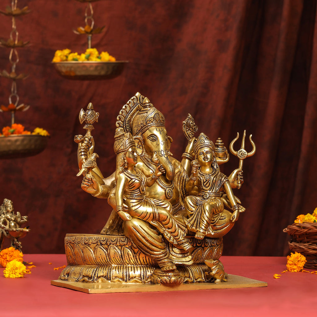 Brass Superfine Sitting Ganesha With Riddhi Siddhi Idol (12 Inch) Vedansh Craft
