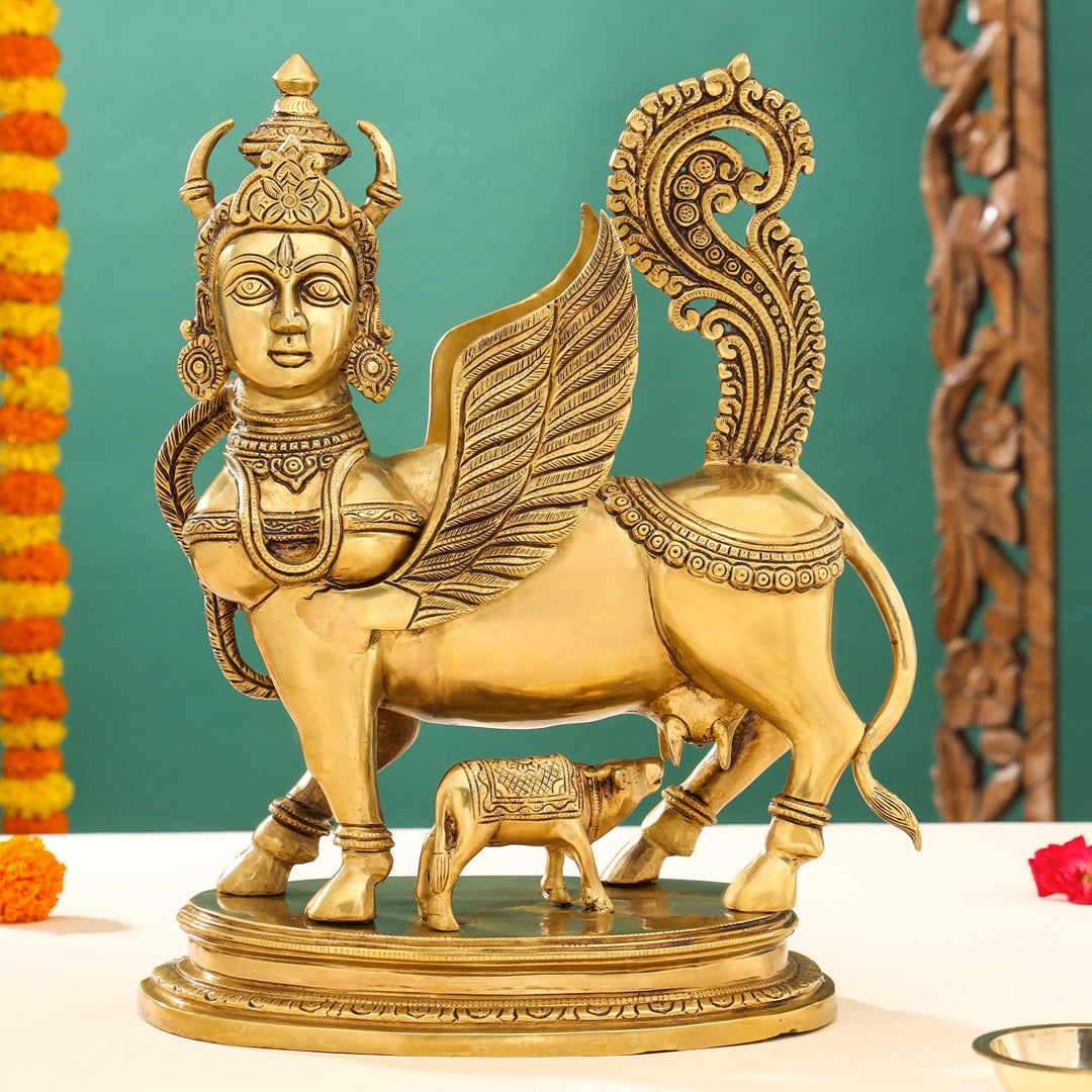 Brass Superfine Kamdhenu Cow With Calf Idol (17 Inch) Vedansh Craft