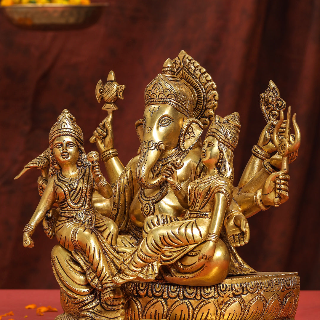 Brass Superfine Sitting Ganesha With Riddhi Siddhi Idol (12 Inch) Vedansh Craft
