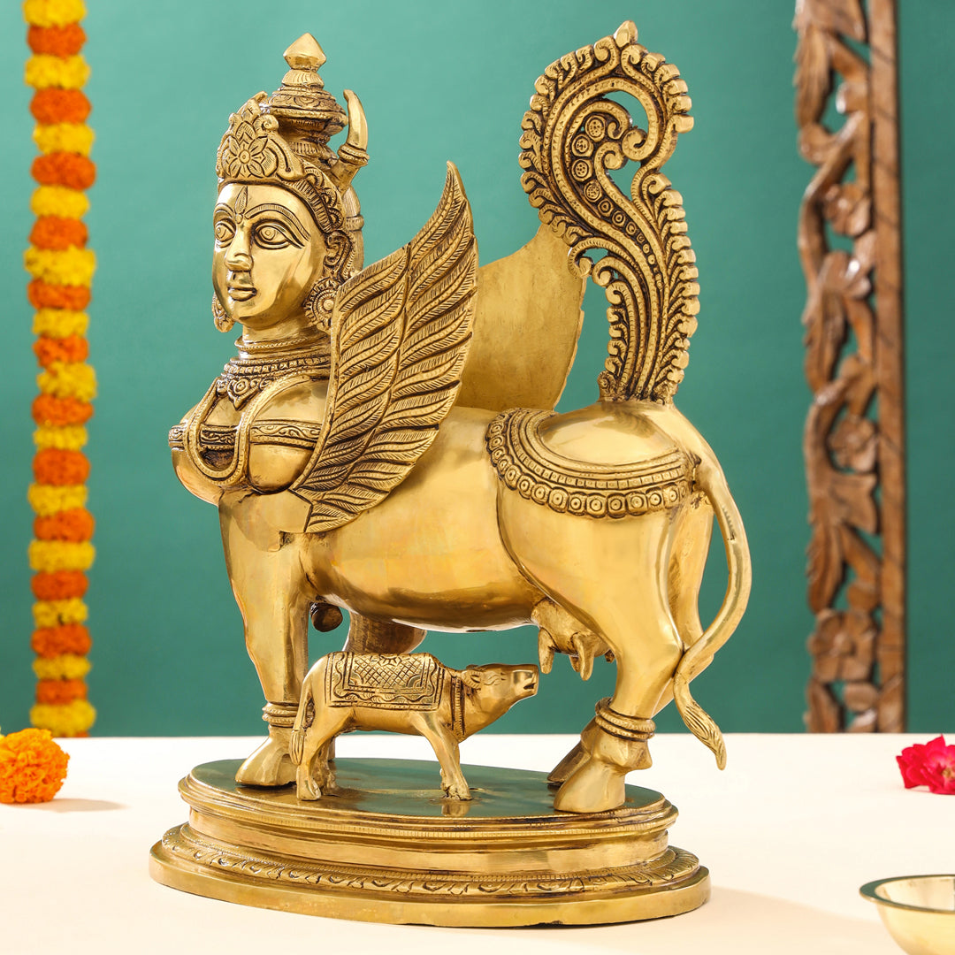 Brass Superfine Kamdhenu Cow With Calf Idol (17 Inch) Vedansh Craft
