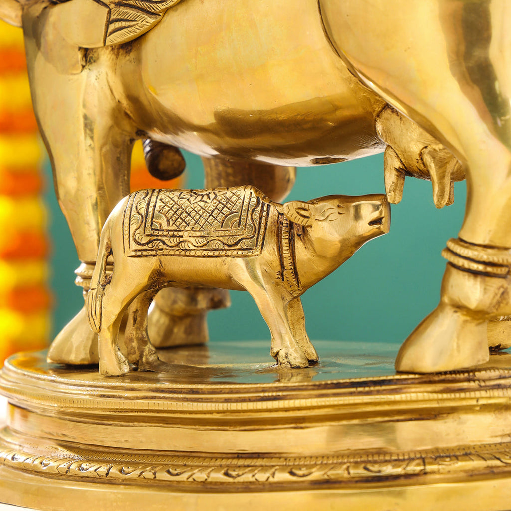 Brass Superfine Kamdhenu Cow With Calf Idol (17 Inch) Vedansh Craft