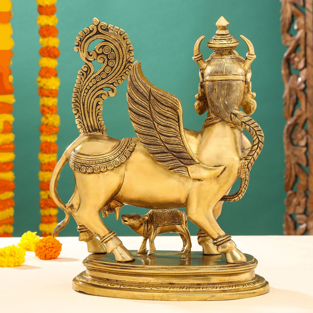 Brass Superfine Kamdhenu Cow With Calf Idol (17 Inch) Vedansh Craft