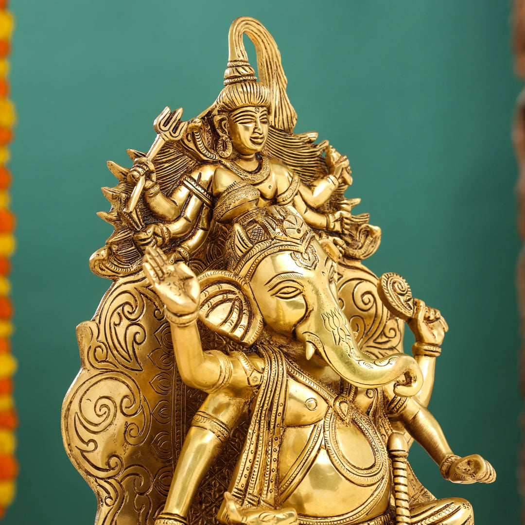 Brass Sitting Ganesha On Throne (Singhasan) Idol (16 Inch) Vedansh Craft