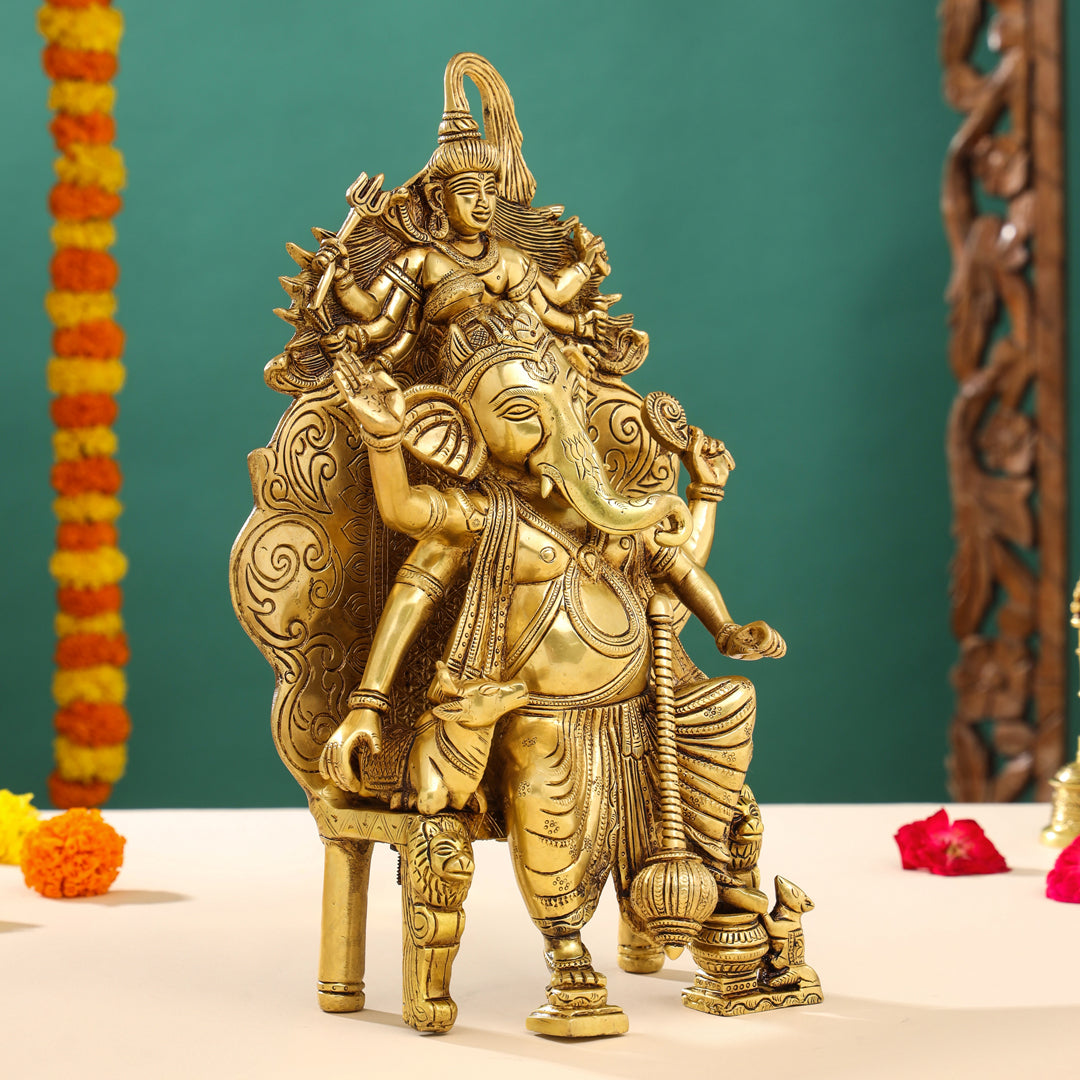 Brass Sitting Ganesha On Throne (Singhasan) Idol (16 Inch) Vedansh Craft